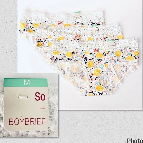 NWT 3 Pack SO Sz M 98% Cotton White Yellow Lemons Daisy Lace Boybrief Panty - Picture 1 of 12